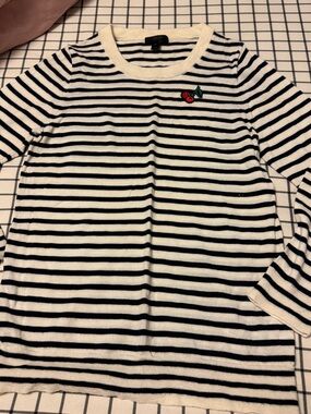 Striped Black & White Long Sleeve Kids Top with Cherry Patch